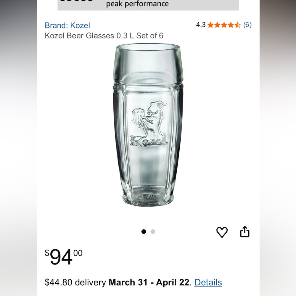 Kozel Beer Glasses Set of 6